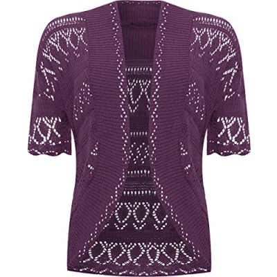 Image of WearAll Womens Plus Size Crochet Knitted Short Sleeve Ladies Open Cardigan Top Purple 18 20