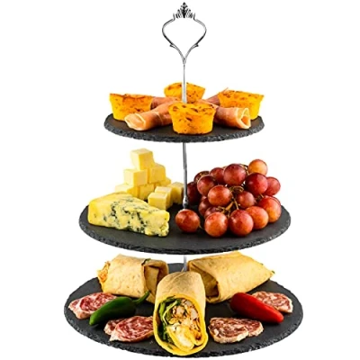 Image of Nyxi 3 in 1 Cake Stand Afternoon Tea Serving Plate 100% Natural Slate Round Rough Edges Display with New Fittings, Can be Used As Tier, 2 Tier &amp; Single Your Need (1)