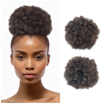Image of Afro Puff Drawstring Ponytail Synthetic Extension Short Kinky Curly Hair Clip in Extensions for Women Bun Hairpieces (Large, 4#)