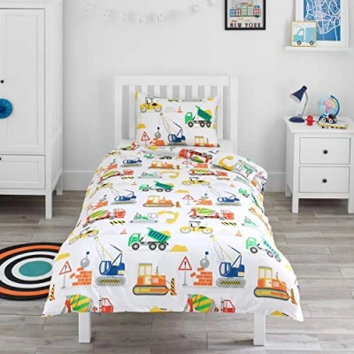 Image of Bloomsbury Mill Cot Bed Duvet Cover Set Toddler Bedding For Boys and Girls Construction Diggers Kids &amp; Pillow Case 120x150cm
