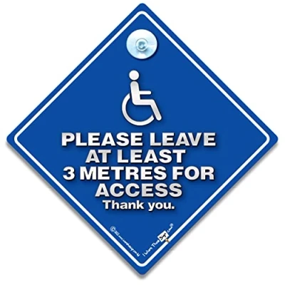 Image of Please Leave At Least 3 Metres For Access Wheelchair Sucker Car Sign, Disabled Disability Advisory Vehicle Sign or User in Super Bright Blue 14cm x