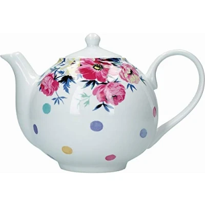 Image of Mikasa Clovelly White Teapot with Multi Colour Polka Dot and Floral Design, Porcelain, White, 1 Litre