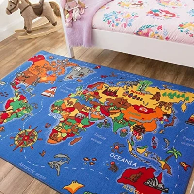 Image of Children’s World Map Activity Play Mat Educational Toy Nursery Room Bedroom Animal Rug 95cm x 200cm