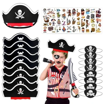 Image of Doyomtoy 26Pcs Kids Pirate Set, Hat, Stickers, Hat Kids,Cosply Pretend Play Tattoos, Accessories Kids,Pirate Eye Patch,Pirate Party