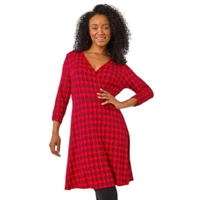 Image of Roman Originals Wrap Tea Dress for Women UK Ladies Fit &amp; Flare Skater Swing Stretchy Frill Long Sleeve Autumn Winter Evening Cocktail Party Work Office Casual Knee Length Petite Red Noir Size 14