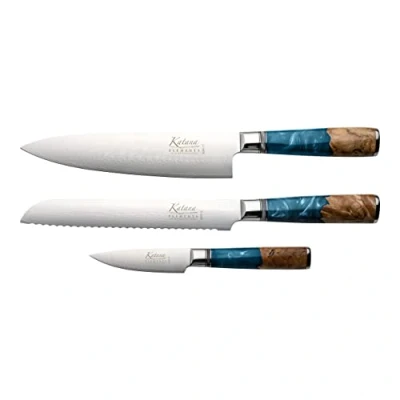 Image of Katana Saya Elements 3 Piece Kitchen Knife Set, Ocean Blue, VG 10 Damascus Steel with Olivewood and Resin Handle,KEB 3167