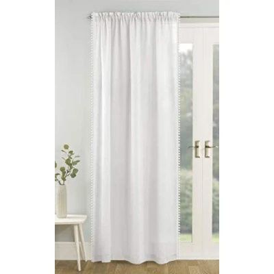 Image of Tyrone Textiles Ltd Tahiti White Pom Trim Linen Look Voile Panel (Drop 48&quot; (122cm))