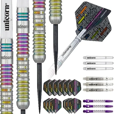 Image of Unicorn Steel Tip Darts Set Chris &#039;Hollywood&#039; Dobey Code Players DNA 90% Natural Tungsten Barrels with Multicolour Titanium Accents 23 g
