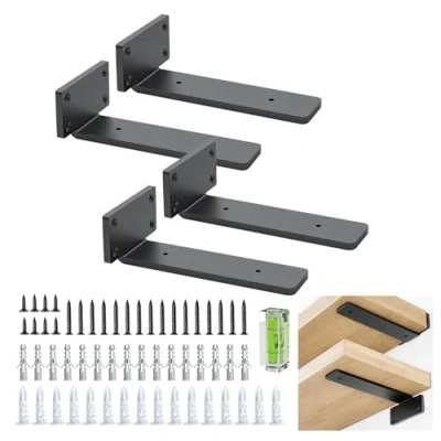 Image of Shelf Brackets, 4 Pcs of 15cm/6inch Heavy Duty Industrial Bracket, Black Metal L Brackets for Shelves Support DIY(5mm Thicked)