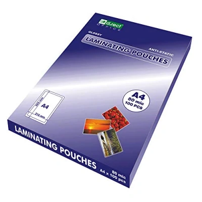 Image of D.RECT Sheets to Laminate Laminating Pouches Glossy Transparent Durable Laminated Office Supplies Lamination for Long Lasting Documents Size A4 80 Microns Pack of 100 Units