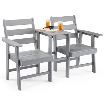 Image of VonHaus Adirondack Love Seat for Garden 2 Seater Grey Jack &amp; Jill Patio Set Person HDPE Loveseat, Companion w/Built in Parasol Hole Terrace, Decking, Balcony Outdoor