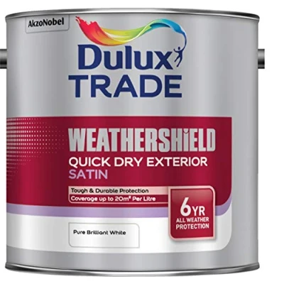 Image of Dulux Trade Weathershield Quick Drying Satin Pure Brilliant White 2.5 Litres
