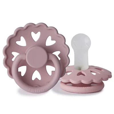 Image of FRIGG Fairytale Silicone Pacifier Pack of 2 Soother Dummy BPA Free Made in Denmark Symmetrical Cherry Shaped Nipple (Twilight Mauve/Primrose (6 18 Months))