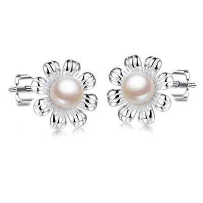 Image of Boowhol Women&#039;s Earrings 925 Sterling Silver Freshwater Cultured Pearl Simple Flower Hypoallergenic Stud