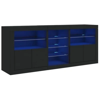 Image of vidaXL Sideboard with LED Lights Black Engineered Wood Storage Cabinet Spacious Compartments Ideal for Living room, Dining Bedroom