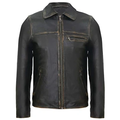 Image of Men&#039;s Smart Collar Black Vintage Rub Off Cow Hide Leather Classic Harrington Bomber Jacket 3XL