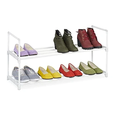 Image of Relaxdays, 2 Levels, Plug In System, 8 Pairs, Hallway, Expandable, Metal &amp; Plastic, Shoe Rack, White, 45 x 90 30.5 cm