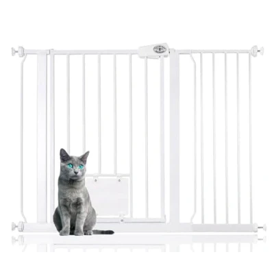Image of Bettacare Pet Gate with Lockable Cat Flap, 107.4cm 115cm, White, 75cm in Height, Dog Safety Barrier Easy Installation