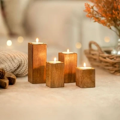 Image of Marco Paul Mango Wood Tea Light Holder Decorative Home Accessories Window Decoration Candle Decor Wedding Centerpieces Holds 10 Tealight Slots (25cm x 12cm 3cm) (4 Holder)