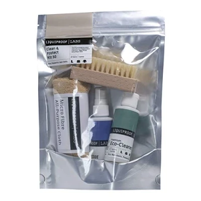 Image of Liquiproof LABS Clean and Protect Kit. Premium Protector 50ml, Eco Cleaner Vegetable Fibre Brush a Microfibre Cloth. Shoe care kit for protecting cleaning footwear fashion items.