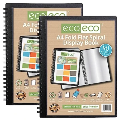 Image of eco A4 50% recycled 40 pocket Fold Flat Spiral Bound display book, Pack of 2, eco134x2
