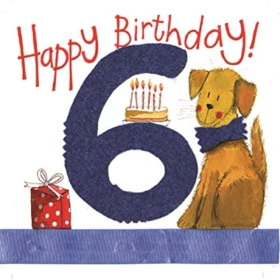 Image of Alex Clark Happy 6th Birthday Dog Foil Card Cake Present Six Pet Animal Greetings Cards for Designed and Printed in the UK