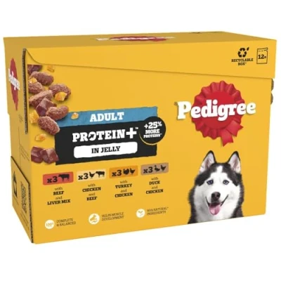 Image of PEDIGREE Adult Dog Food Pouches Protein+ Chunks in Jelly 48 x 85 g Multipack