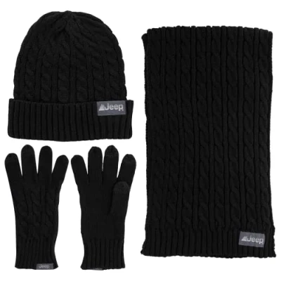 Image of Jeep Unisex&#039;s Men&#039;s and Women&#039;s 3 Piece Cable Knit Scarf, Beanie, Gloves Set One Size Fits Most Winter Accessory, Black