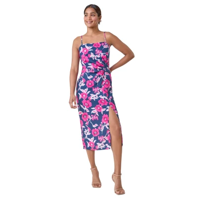 Image of Roman Originals Floral Linen Look Ruched Midi Dress for Women UK Ladies Everyday Holiday Spring Summer Comfy Soft Evening Vacation Work Party Pink Size 18