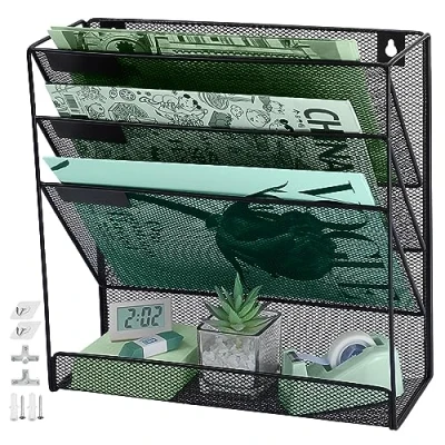 Image of IOUGDSEC 4 Tier A4 Mesh Hanging Wall File Holder Magazine Document Mail Organiser Storage Rack,Durable Metal Desktop Organizer Black