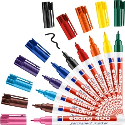 Image of edding 400 permanent marker multi coloured 10 pens fine round nib 1 mm waterproof, quick drying, smear proof for cardboard, plastic, wood, metal, glass and fabric