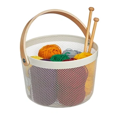 Image of Relaxdays Wire Storage Basket with Handle, Round, Metal &amp; Wood, for Utensils in Kitchen, Bathroom, Living Room, White, Steel, 30 x 27.5 25.5 cm