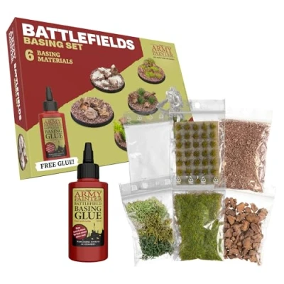 Image of The Army Painter Battlefields Basing Set, 50ml PVA Glue, 35 Green Tufts, 1 Box of Fake Moss/Grass, Brown Battleground, Summer Undergrowth, Battle Rocks and Battlefield Snow for Warhammer 40k