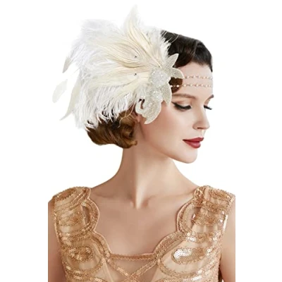 Image of Coucoland Feather Headband 1920s Headpiece Vintage Flapper Crystal Great Gatsby Costume Accessories Roaring 20&#039;s (White)(Size: One Size)