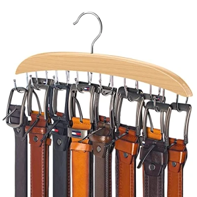 Image of Belt Hanger, 14 Hooks Holder for Closet, Wooden Tie/Belt Rack Storage, 360Rotating Belts Organizer Closet Space Save Tie Tank Top, Scarf Natural Wood Finish with Chrome