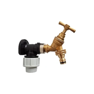 Image of 25mm mdpe Wall Plate/Back Plate with Solid Brass bib tap+ Click Lock Connector