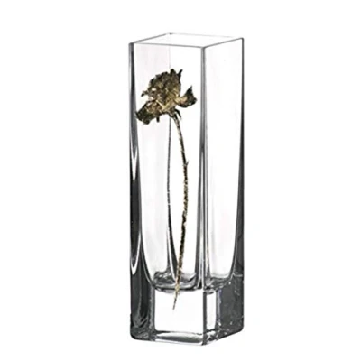 Image of Quality GOLD ROSE Design Contemporary Square Column Flower/Bud Glass Vase Mouth Blown/Hand Decorated Ideal Golden Anniversary 50th Wedding Gift 21cm