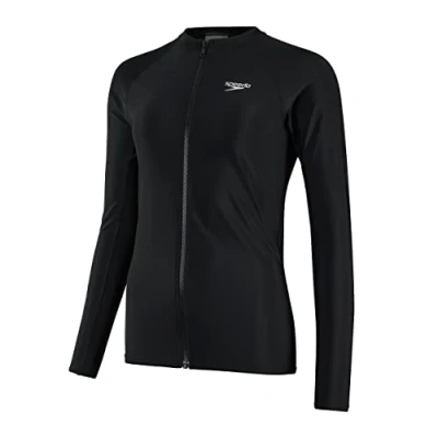 Image of Speedo Women&#039;s Full Zip Long Sleeve Sun Protection Rash Top UV Front, Black, S