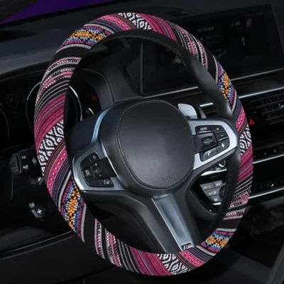 Image of Xihaoer Ethnic Style Coarse Flax Cloth Automotive Steering Wheel Cover Anti Slip and Sweat Absorption for Women Boho … (Red)