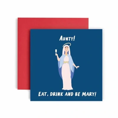 Image of Huxters Christmas Cards for Women Eat and Be Mary Aunty Happy Card Holiday with Lovely Funny (Aunty)
