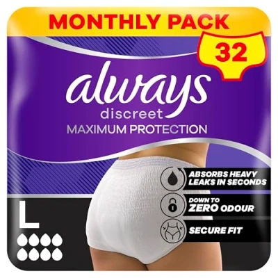 Image of Always Discreet Incontinence Pants Maximum Protection Size L 8 x 4 Pack, with Odour Neutralising Technology, for Sensitive Bladder