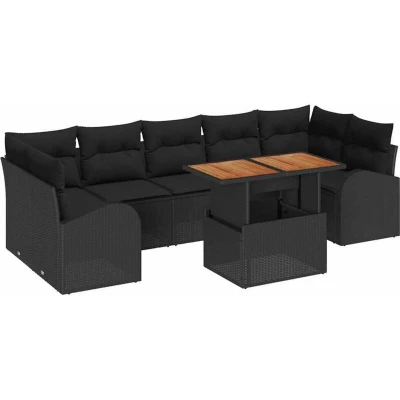 Image of vidaXL 8 Piece Garden Dining Set with Cushions Black Poly Rattan Acacia