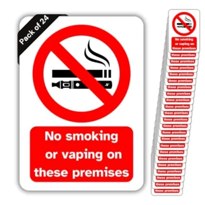 Image of No Smoking Or Vaping Vinyl Signs, 75mm x 100mm, Self Adhesive Stickers, Waterproof, Indoor/Outdoor Use, Safety Warning Sign, C&amp;J Goods (No on These Premises, 24 Pack)