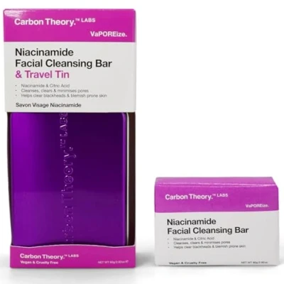 Image of Carbon Theory Niacinamide Face Wash Bar &amp; Travel Soap Case Tin Pore Cleanser Blackhead Remover Facial Cleansing with Citric Acid Vegan for Acne Prone Skin VaPOREize, 80g
