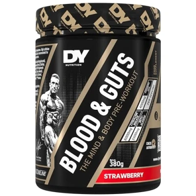 Image of DY Nutrition Blood and Guts Pre Workout Powder, 380g (Strawberry) High Strength Preworkout with 350mg Caffeine, Citrulline Malate, Beta Alanine, Arginine AKG, L Tyrosine, Vitamin B3, Men &amp; Women