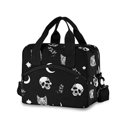 Image of Skull Cat Moon Gothic Insulated Lunch Bag Reusable Tote Cooler for Women Men Adult Box with Adjustable Shoulder Strap Leakproof Work School Picnic Camping