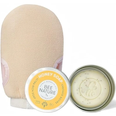 Image of Bee Nature Exfoliating Kit Honey Soap with Case + Glove Face and Body Scrub Suitable for Dry Sensitive Skin 100g