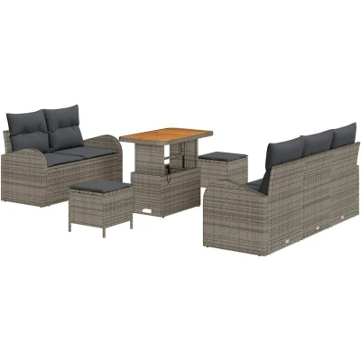 Image of vidaXL 8 Piece Garden Sofa Set with Cushions Grey Poly Rattan Acacia