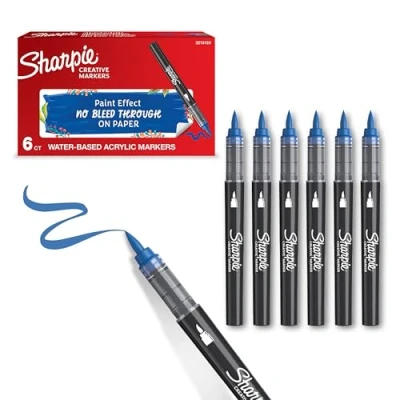 Image of Sharpie Creative Marker Acrylic Paint Pens Brush Tip Water Based Markers Blue No Bleed Ink Writes on Most Surfaces School &amp; Revision Supplies 6 Count