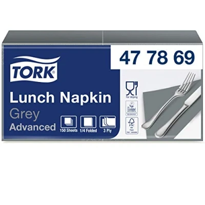 Image of Tork 477869 Soft Grey Lunch Napkin / 3 Ply Advanced, Unprinted Serviette in 10 x 150 Sheets (WxL: 16.3cm 16.5cm)